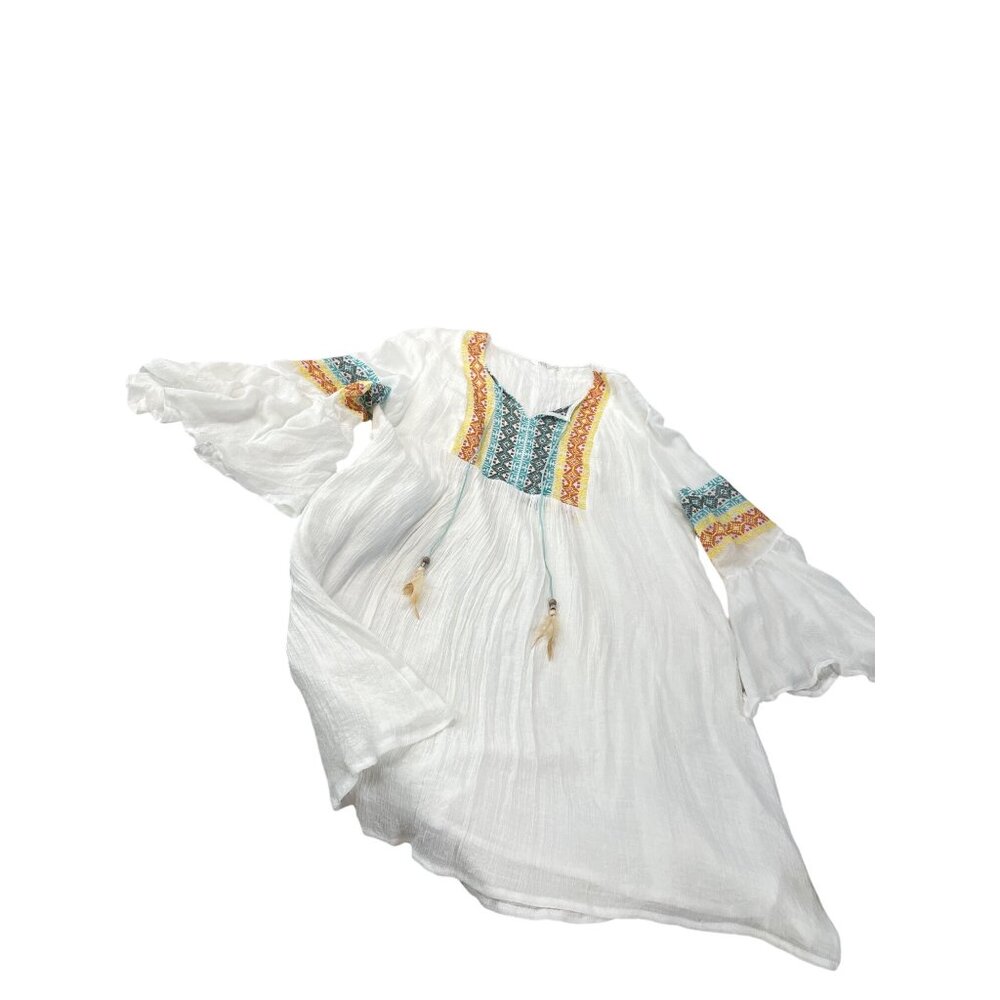 Kaktus womans embroided white blue boho tunic fairy bell sleeve dress M
